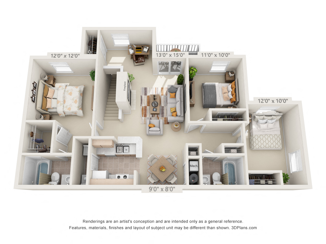 Floor plan for 3 beds, 2 baths, 1281 sqft